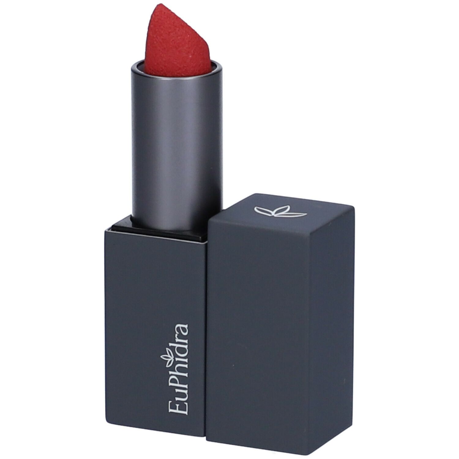 Rossetto rosso in astuccio antracite. Il coperchio è aperto. Sull'astuccio è visibile il nome Euphidra.