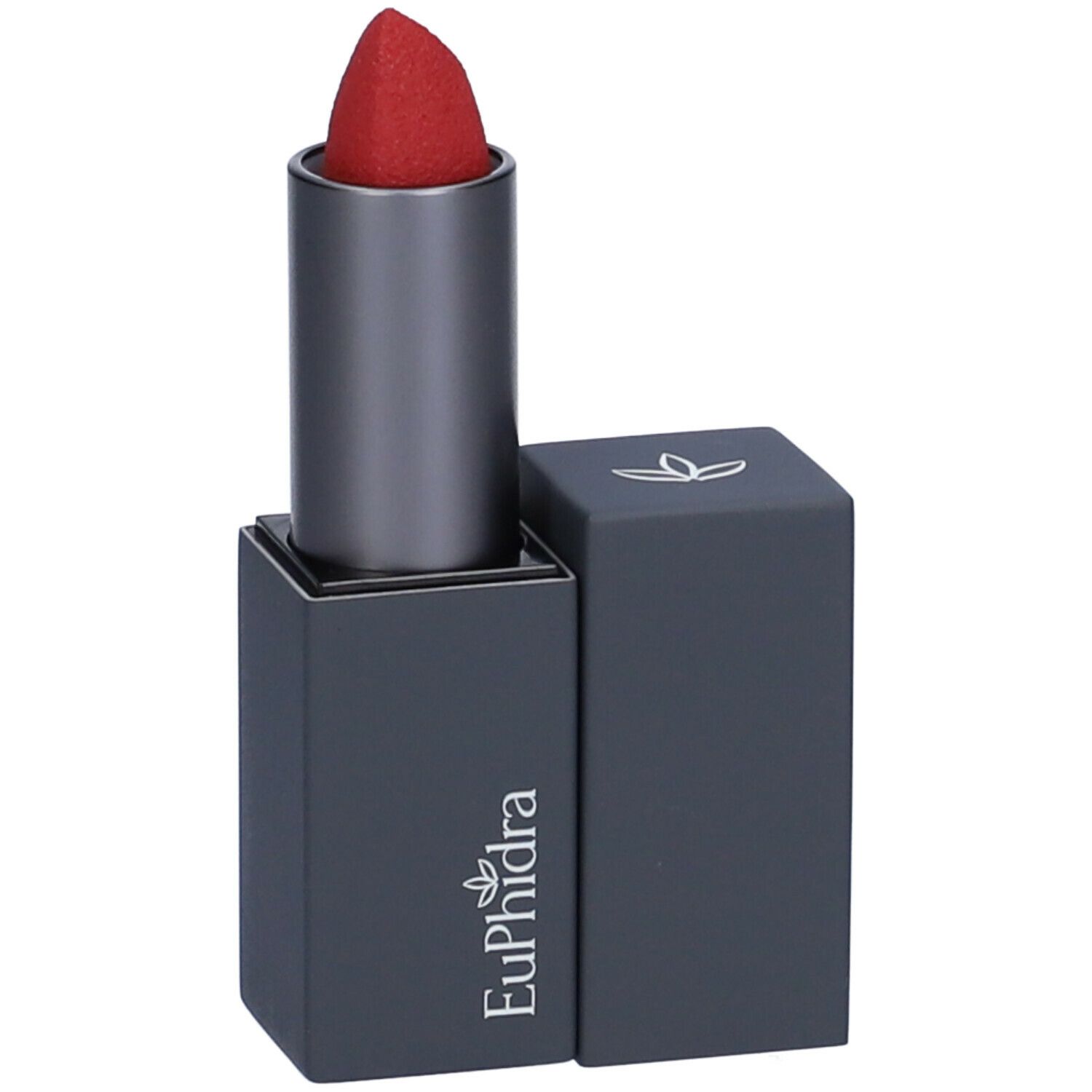 Rossetto rosso in astuccio antracite. Il coperchio è aperto. Sull'astuccio è visibile il nome Euphidra.
