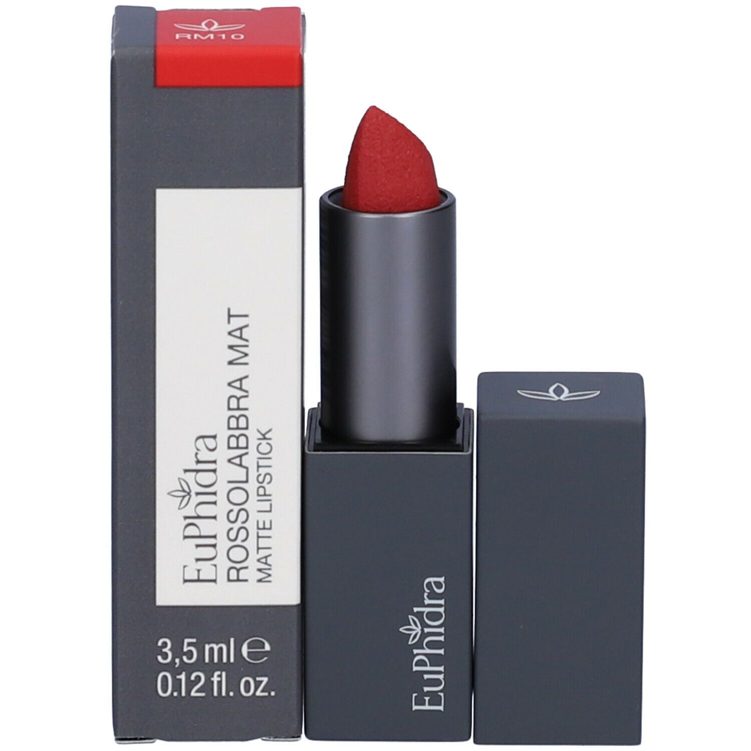 Rossetto rosso e confezione. Sulla confezione si legge Euphidra, Rossolabbra Mat, 3,5 ml.