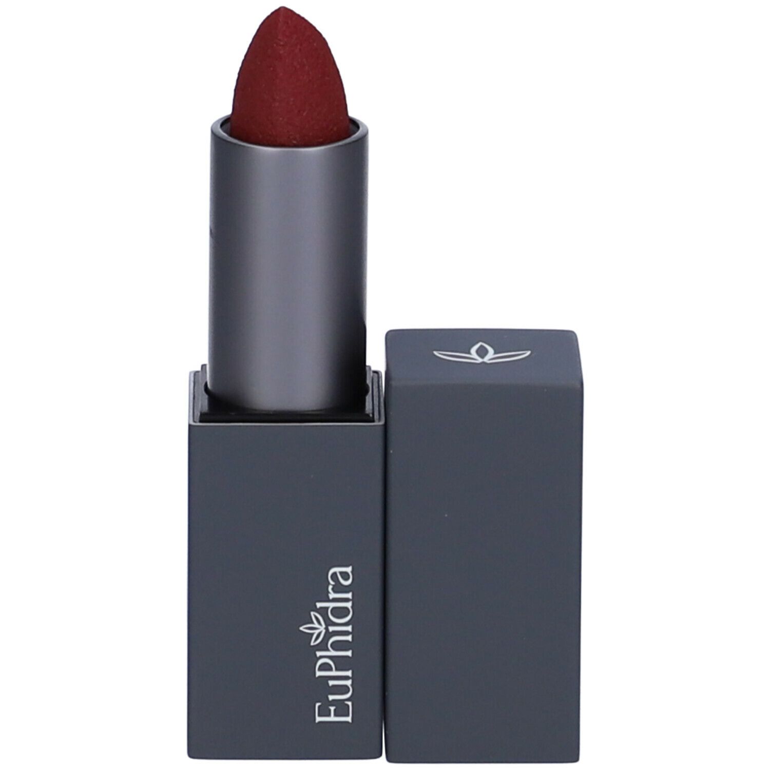 Rossetto rosso scuro con astuccio antracite aperto. Il rossetto è visibile. Sull'astuccio è presente la scritta Euphidra.