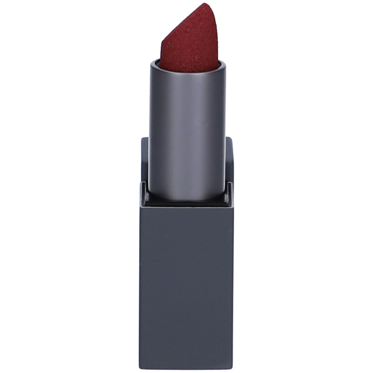 Rossetto rosso scuro con astuccio antracite aperto. Il rossetto è visibile.