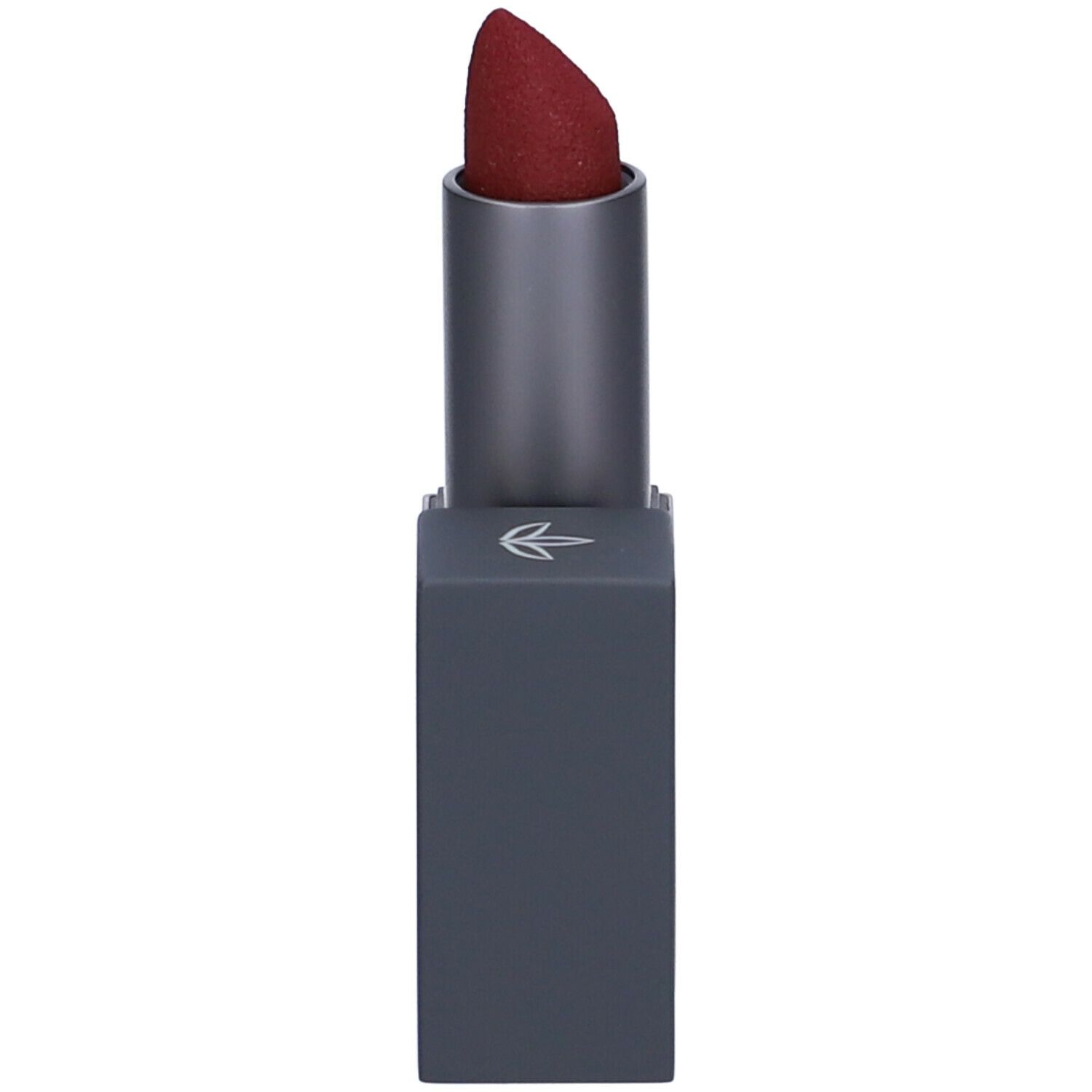Rossetto rosso scuro con astuccio antracite aperto. Simbolo di foglia sull'astuccio.
