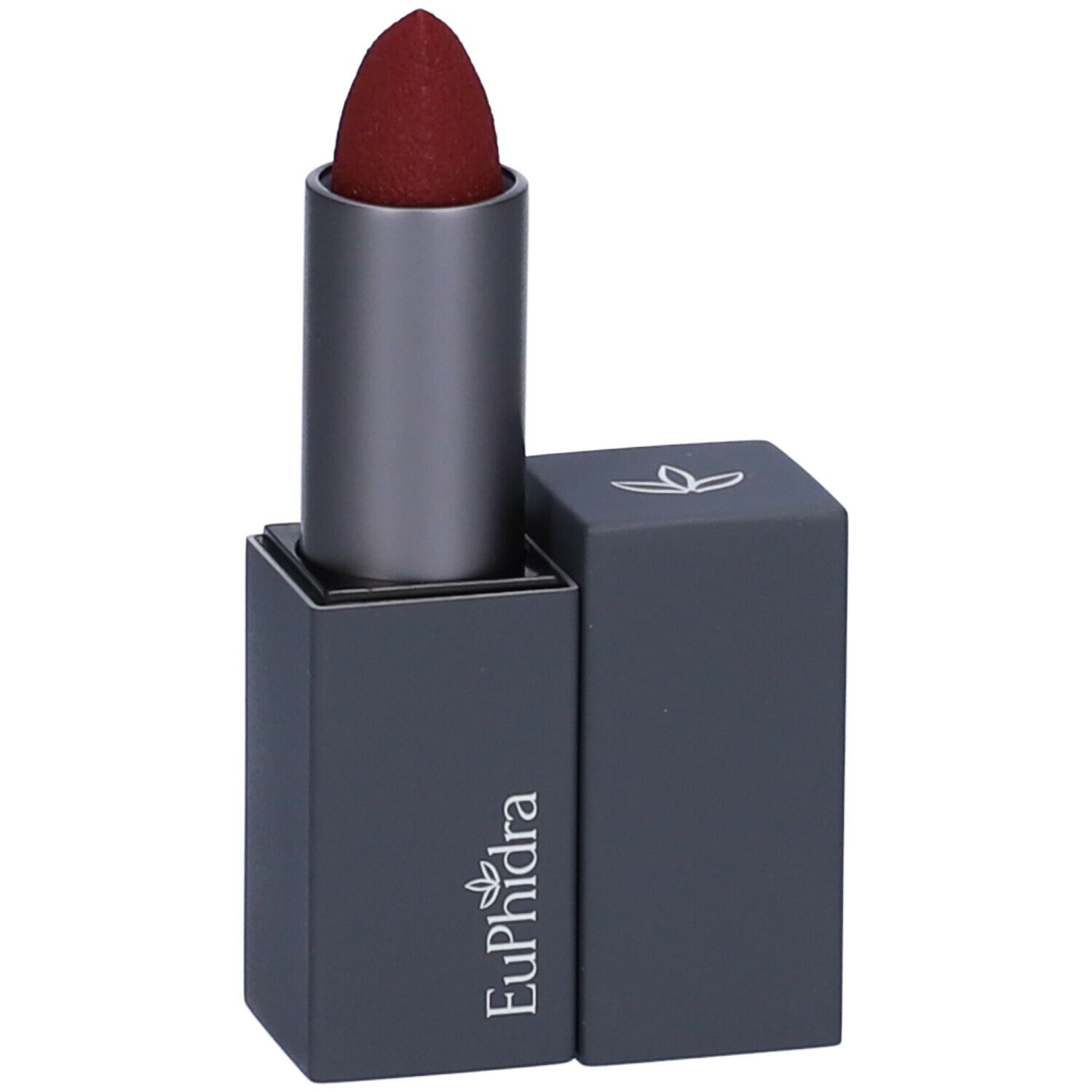 Rossetto rosso scuro con astuccio antracite aperto. Sull'astuccio è presente la scritta Euphidra.