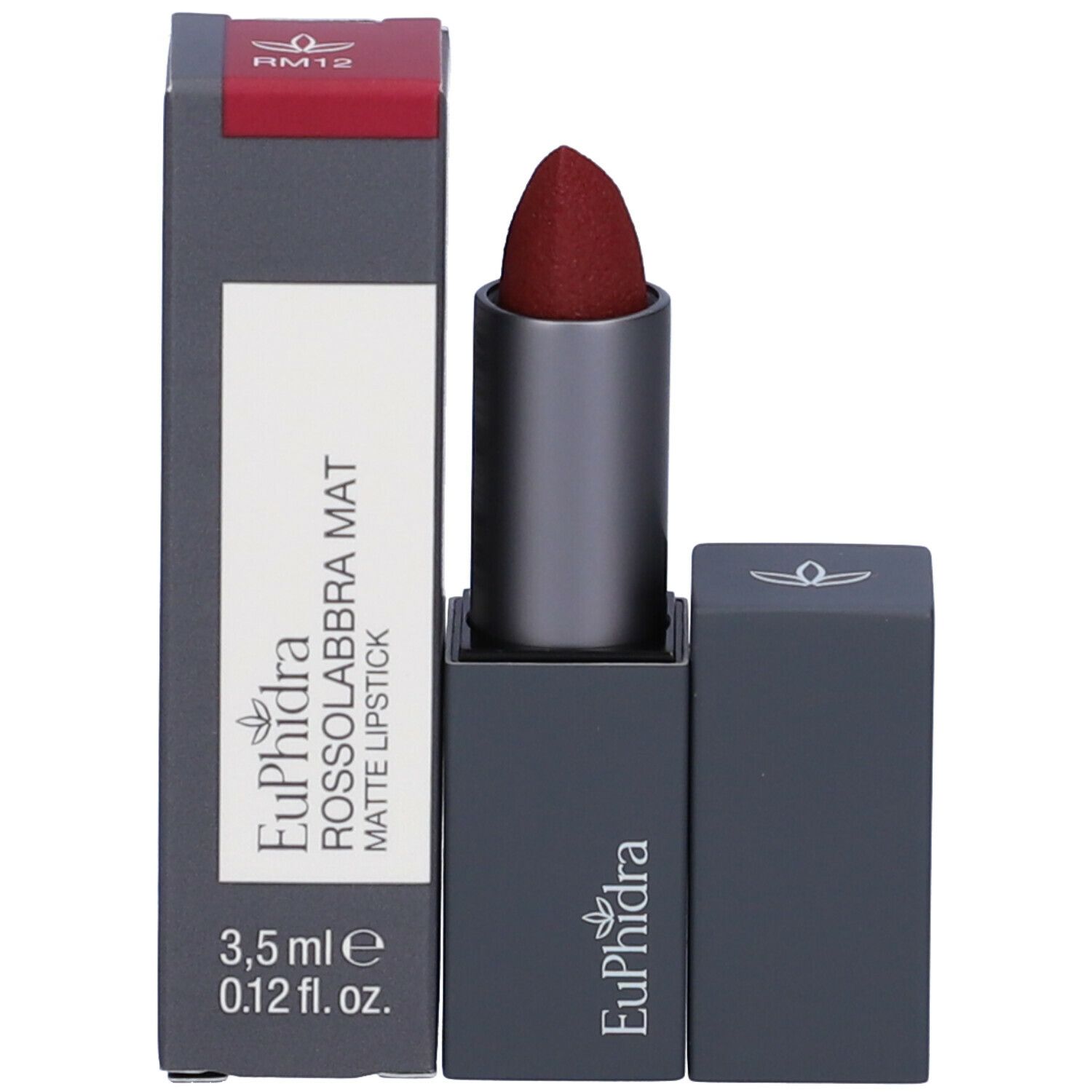Rossetto con confezione. Sulla confezione è scritto Euphidra Rossolabbra Mat, 3,5 ml.