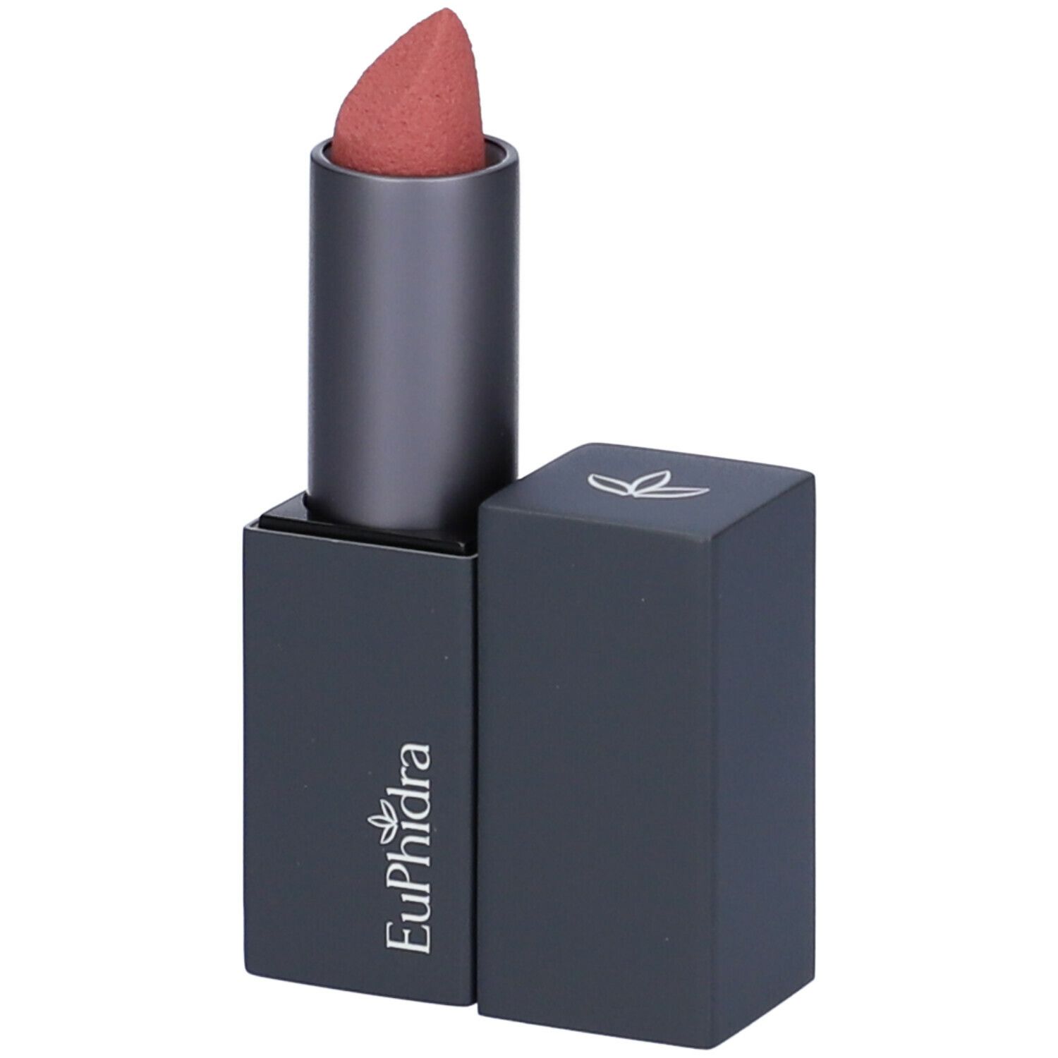 Rossetto opaco. Astuccio grigio scuro con coperchio aperto. Marchio Euphidra.