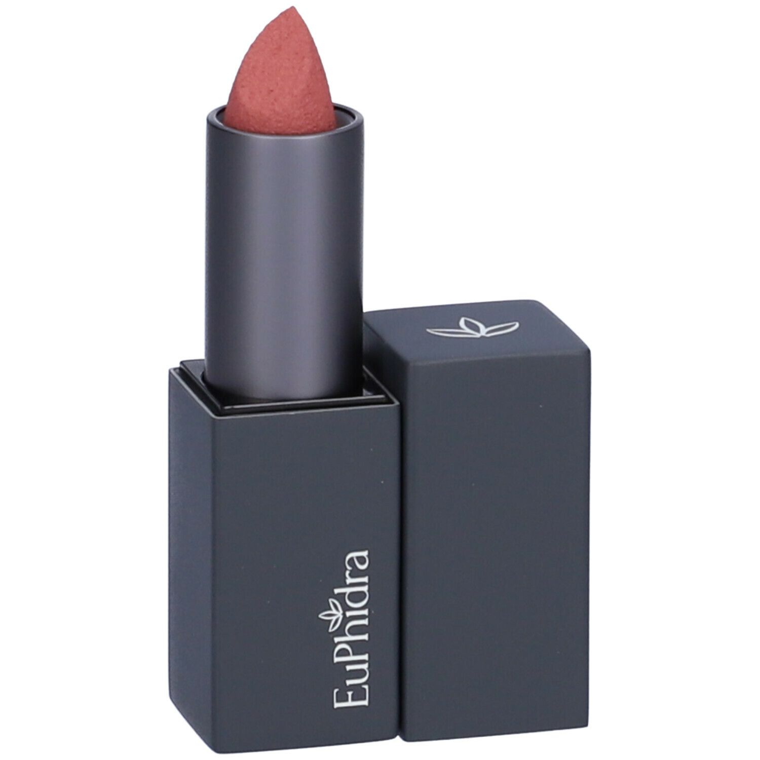 Rossetto opaco. Astuccio grigio scuro con coperchio aperto. Marchio Euphidra.