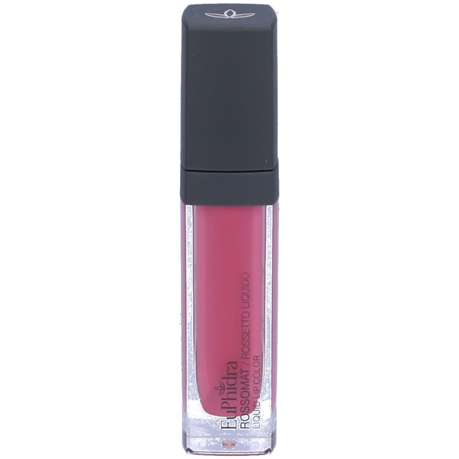 Rossetto liquido in confezione trasparente con tappo nero. Contenuto rosa. Scritta: Euphidra, Rossetto Liquido.