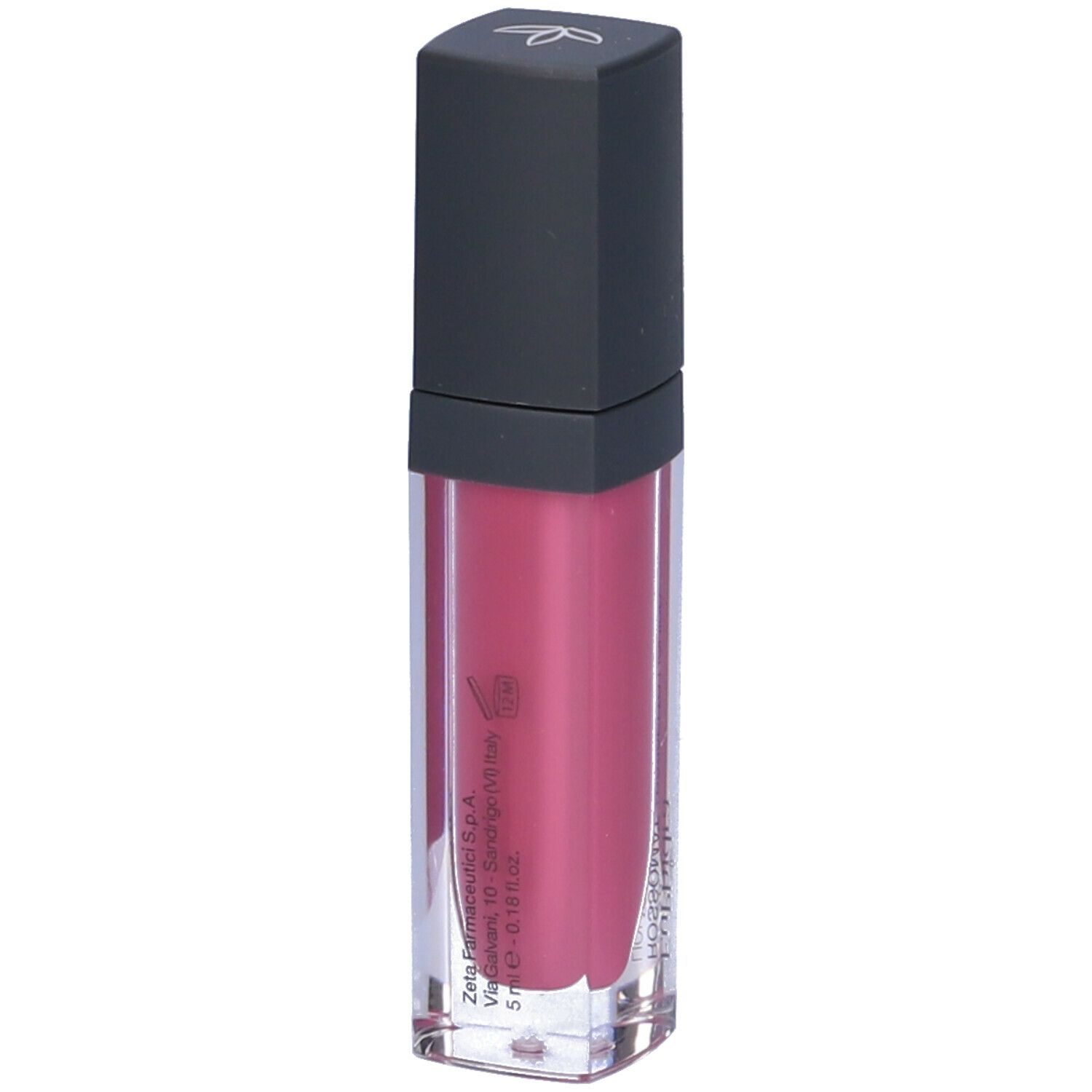 Rossetto liquido in confezione trasparente con tappo nero. Contenuto rosa. Scritta: Euphidra, Rossetto Liquido.