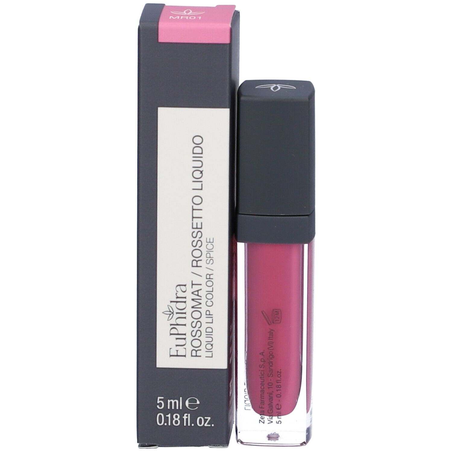 Rossetto con confezione. Scatola nera con coperchio rosa. Scritta: Euphidra, Rossetto Liquido.