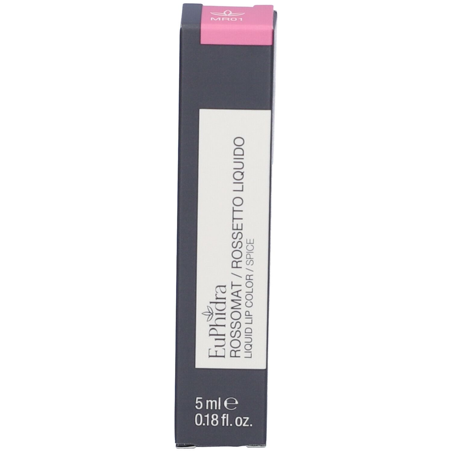 Confezione per rossetto. Scatola nera con coperchio rosa. Scritta: Euphidra, Rossetto Liquido.