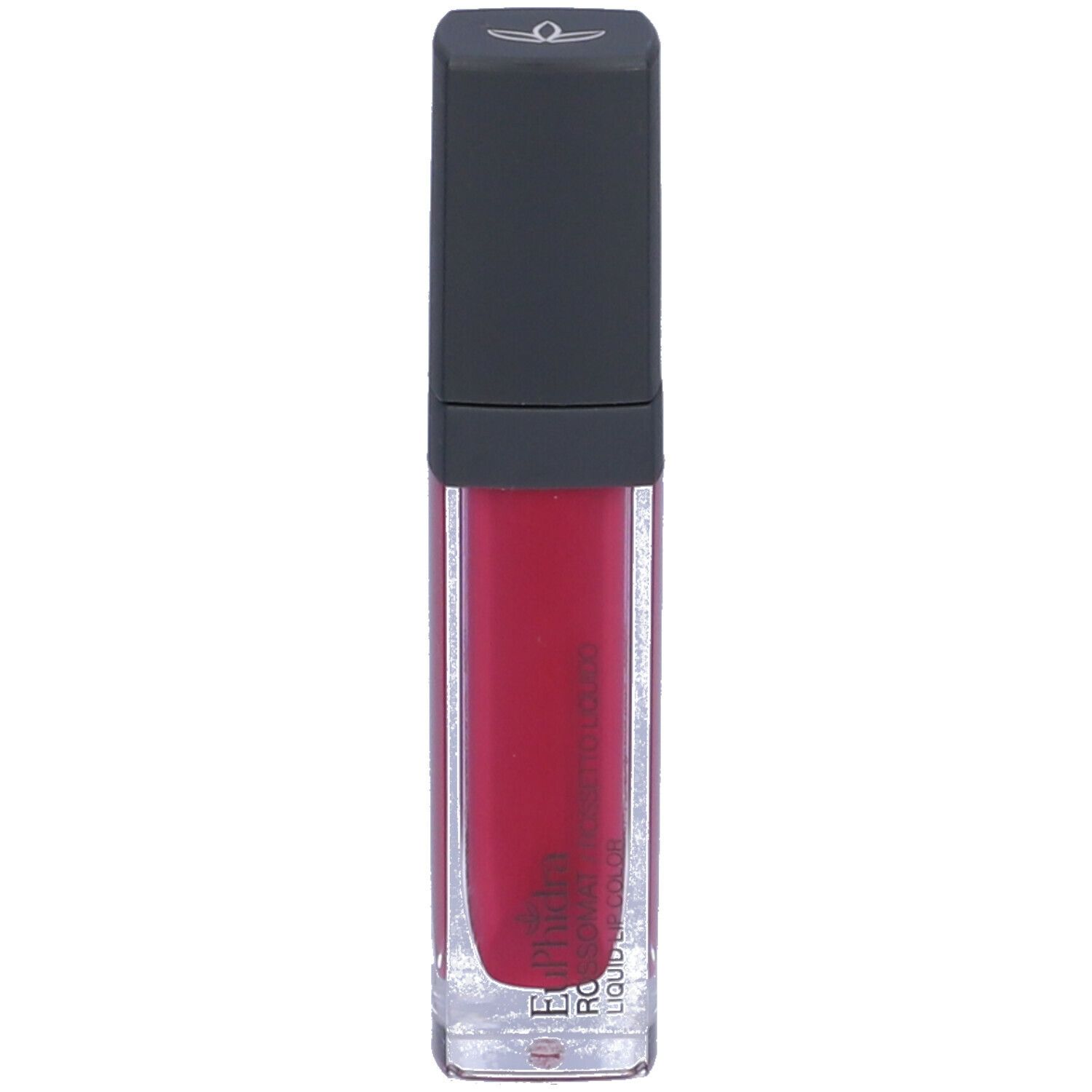 Rossetto liquido in un contenitore trasparente con tappo nero. Il rossetto è rosso. C'è un logo sul tappo.