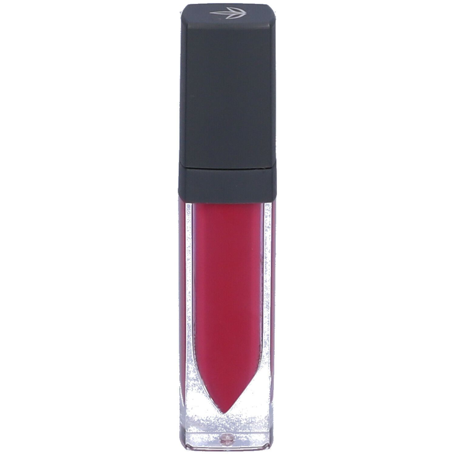 Rossetto liquido in un contenitore trasparente con tappo nero. Il rossetto è rosso. C'è un logo sul tappo.