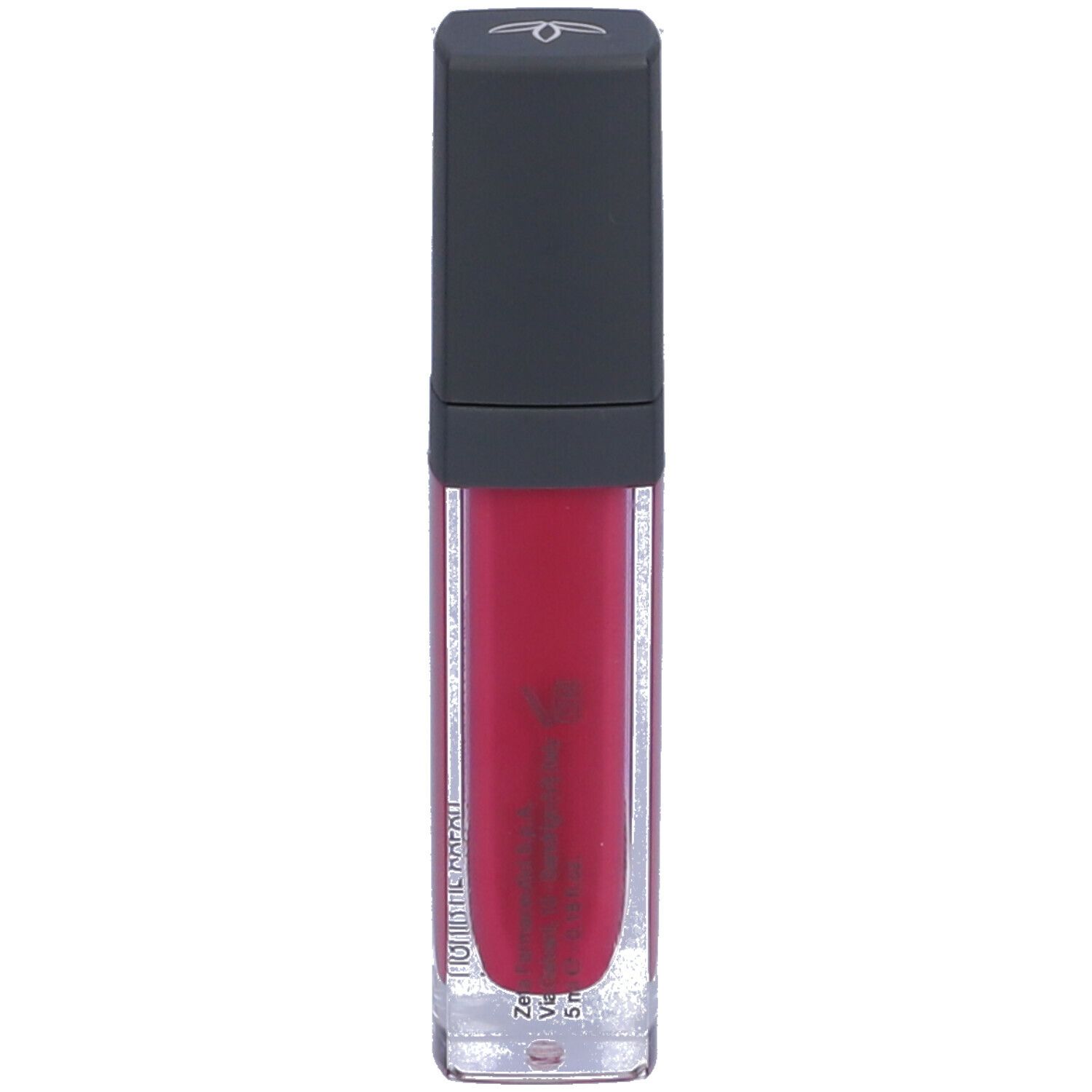 Rossetto liquido in un contenitore trasparente con tappo nero. Il rossetto è rosso. C'è un logo sul tappo.