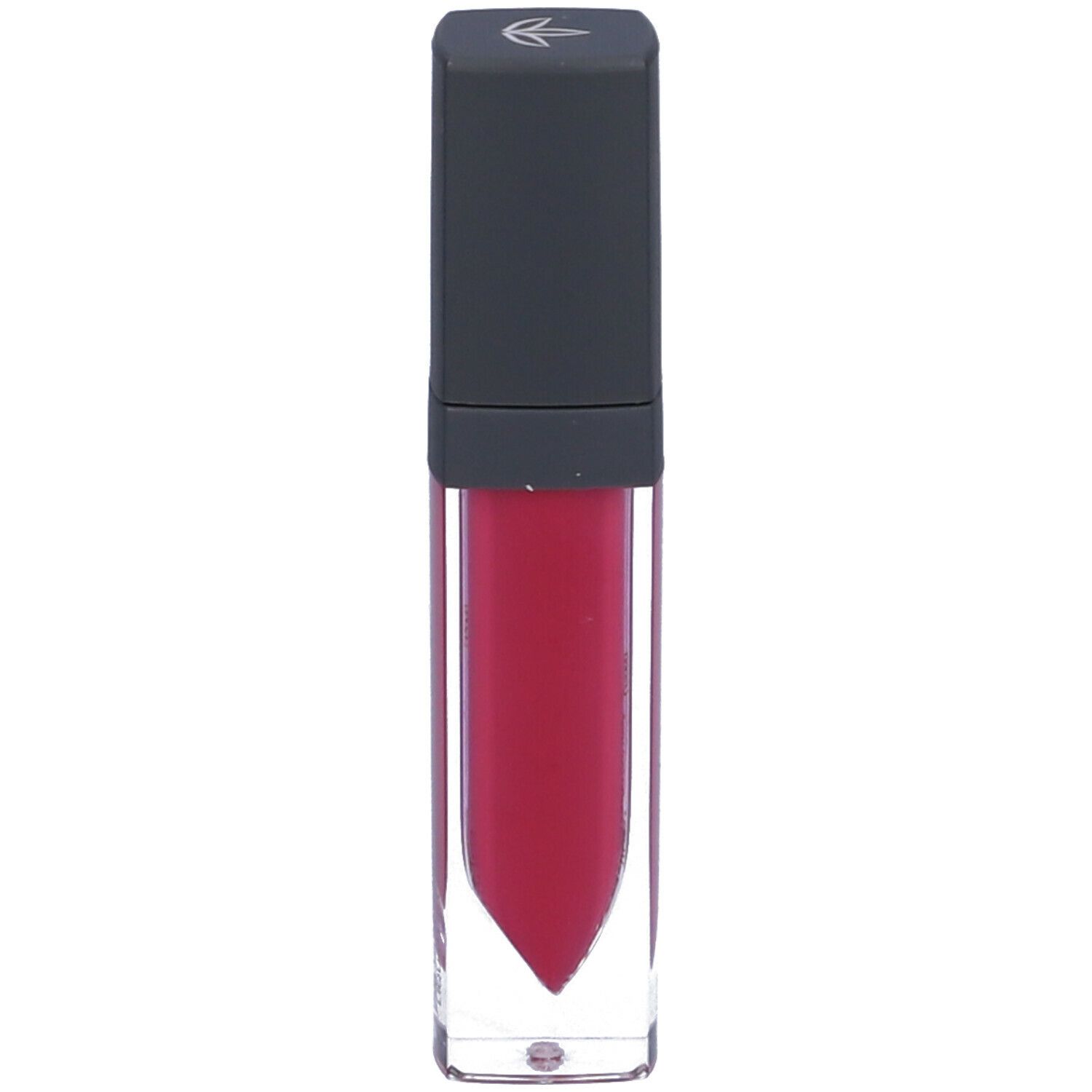 Rossetto liquido in un contenitore trasparente con tappo nero. Il rossetto è rosso. C'è un logo sul tappo.
