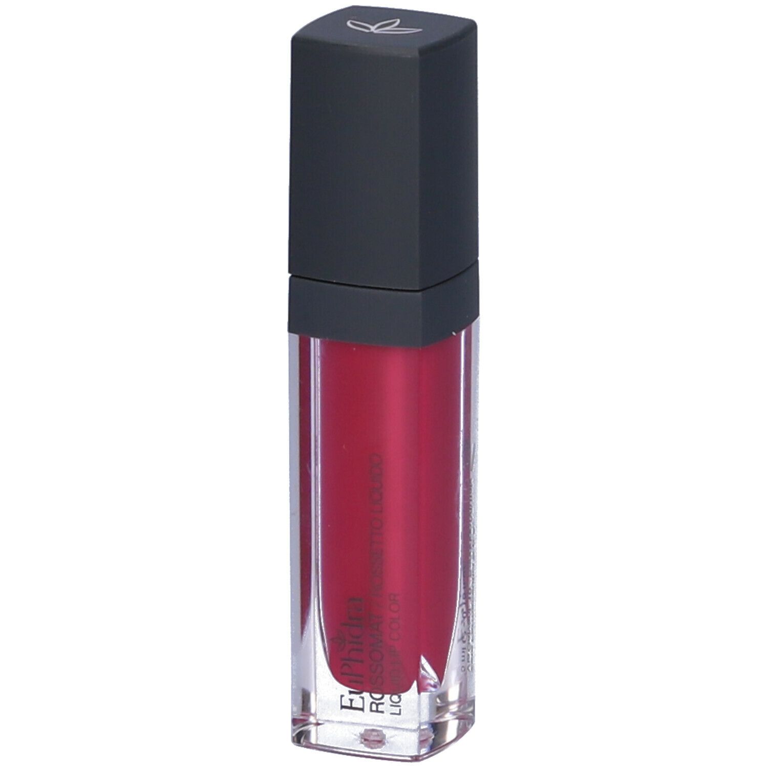 Rossetto liquido in un contenitore trasparente con tappo nero. Il rossetto è rosso. C'è un logo sul tappo.