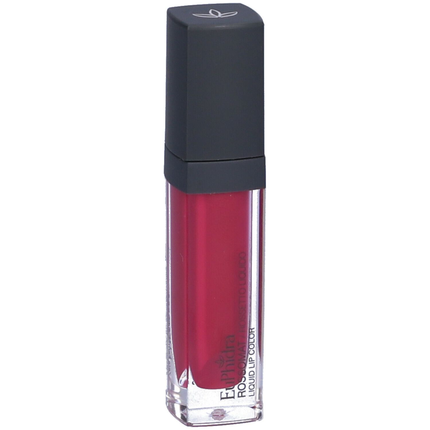 Rossetto liquido in un contenitore trasparente con tappo nero. Il rossetto è rosso. C'è un logo sul tappo.