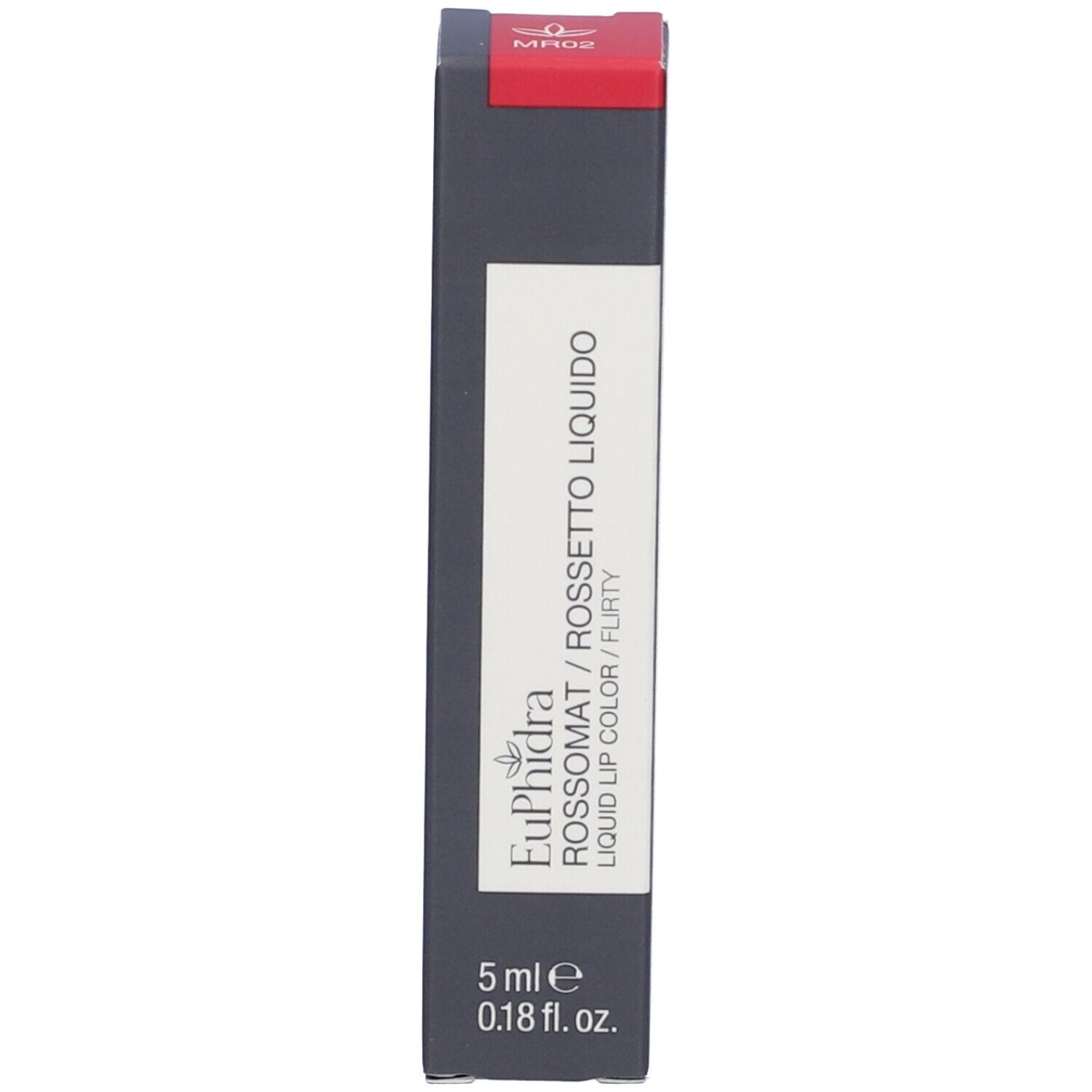 Confezione di rossetto liquido. Il nome del marchio e del prodotto sono sulla confezione. Il rossetto è rosso.