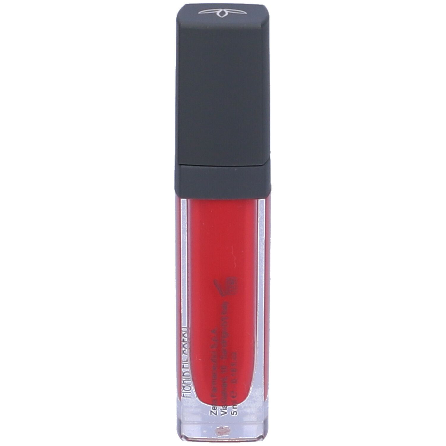 Rossetto rosso in contenitore trasparente con tappo scuro. Scritta illeggibile.