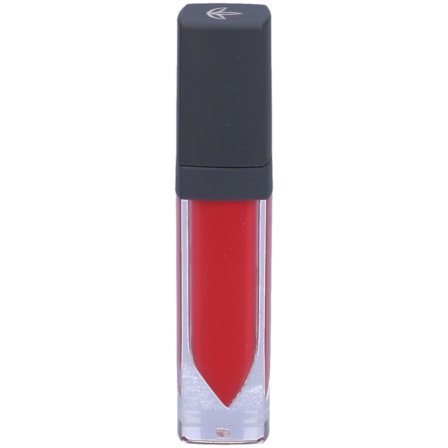 Rossetto rosso in contenitore trasparente con tappo scuro. Scritta illeggibile.