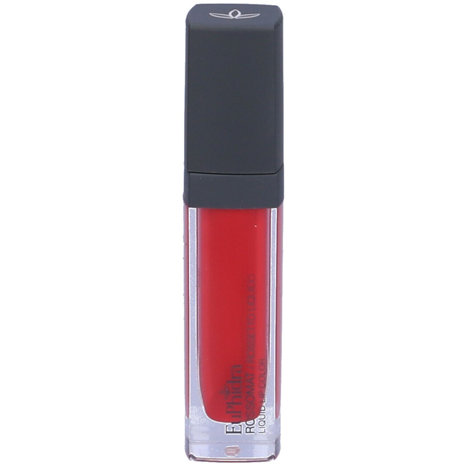 Rossetto rosso in contenitore trasparente con tappo scuro. Scritta illeggibile.