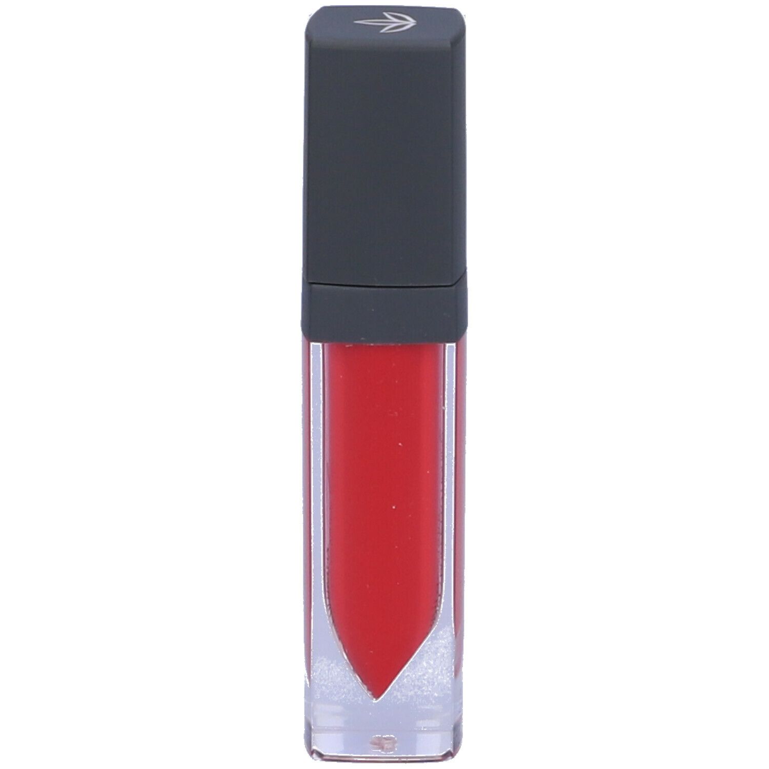 Rossetto rosso in contenitore trasparente con tappo scuro. Scritta illeggibile.