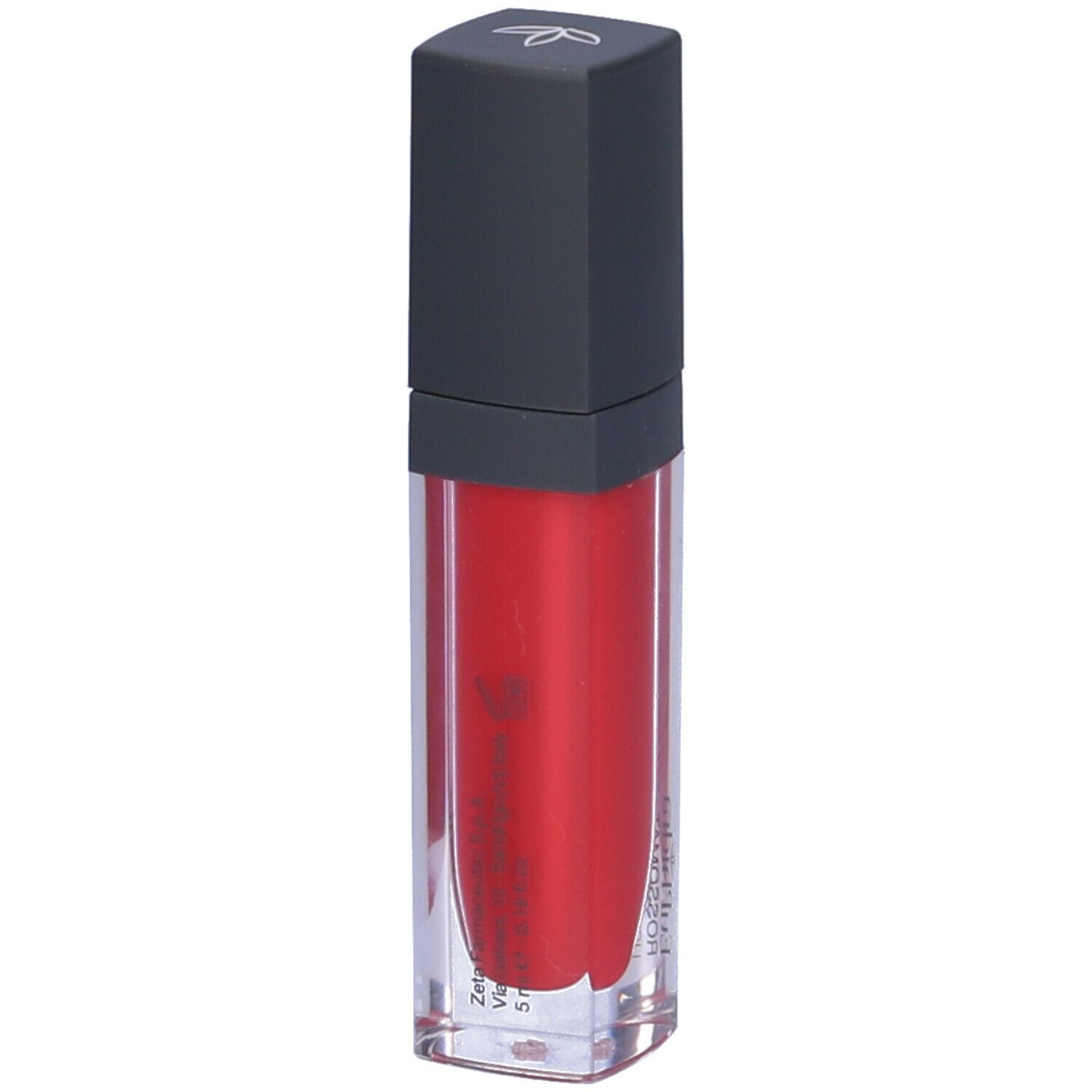 Rossetto rosso in contenitore trasparente con tappo scuro. Scritta illeggibile.