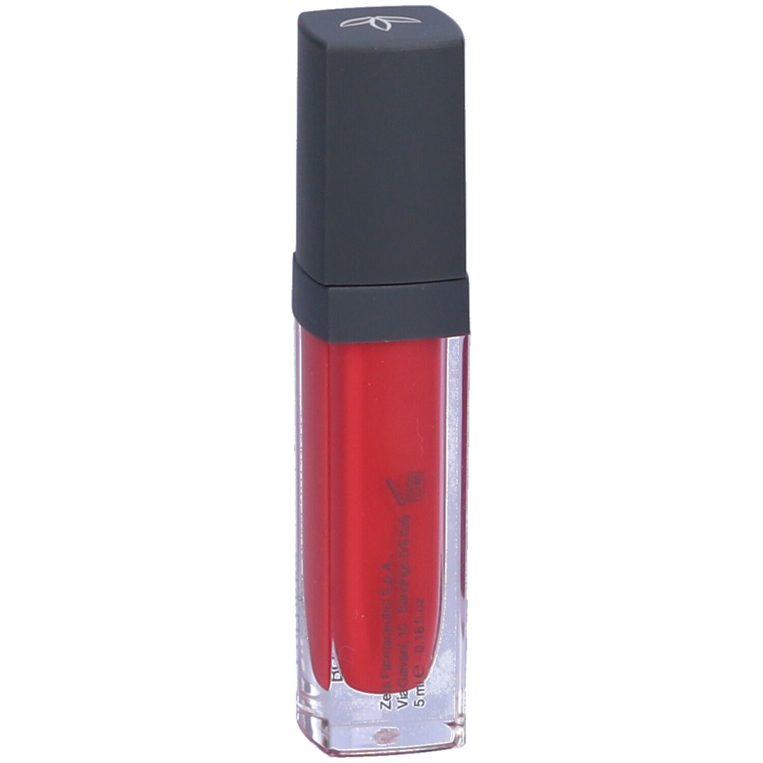Rossetto rosso in contenitore trasparente con tappo scuro. Scritta illeggibile.