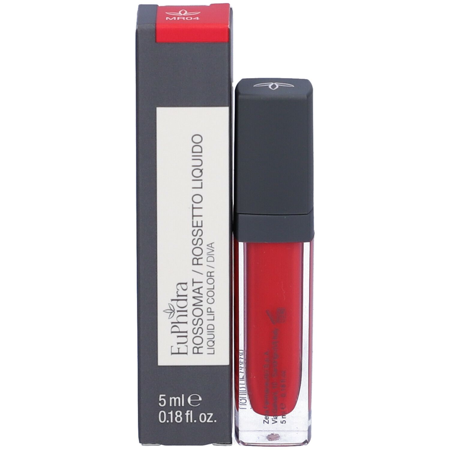 Rossetto con confezione. Rossetto rosso e scatola grigia con informazioni sul prodotto.