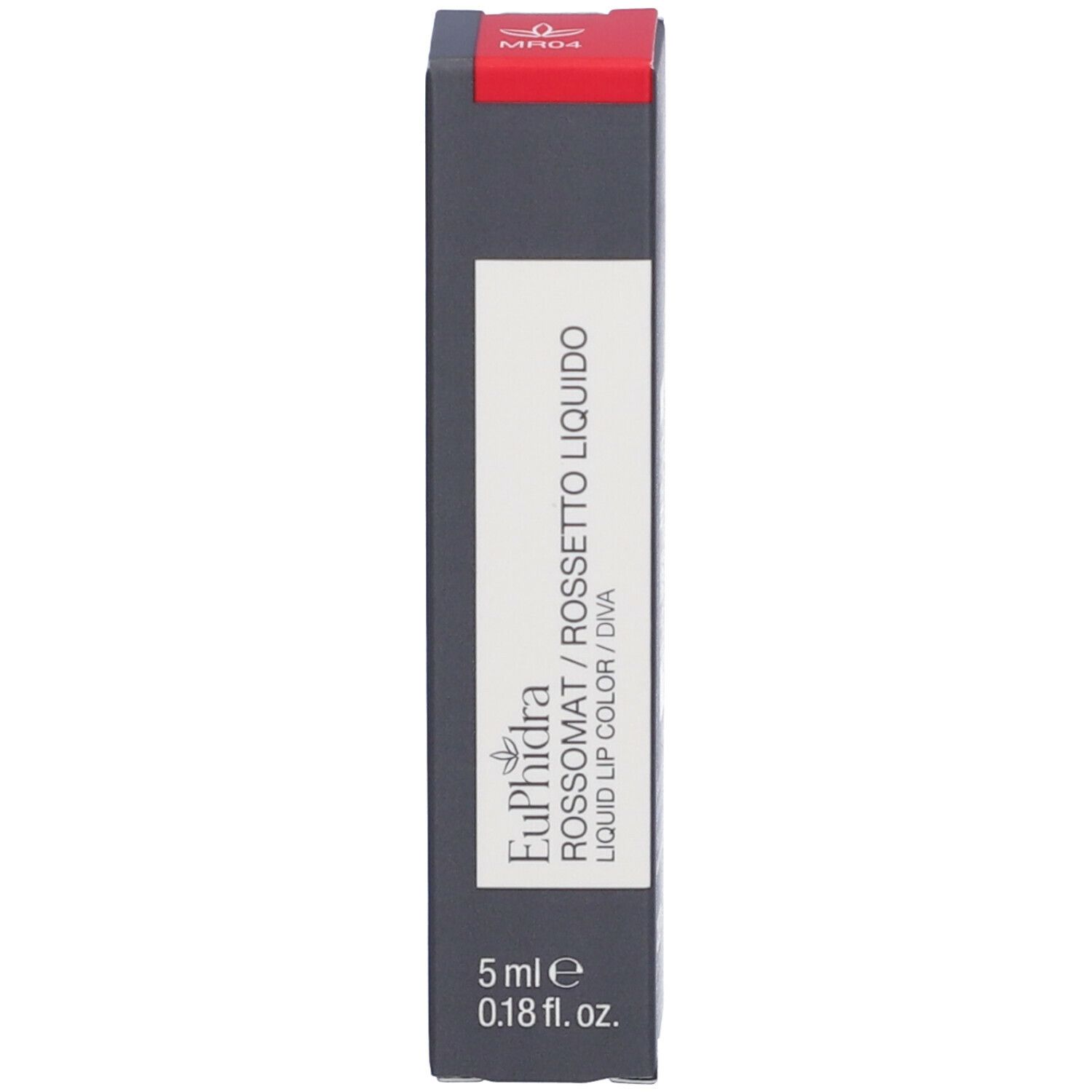 Confezione per rossetto. Scatola grigia con parte superiore rossa e informazioni sul prodotto.