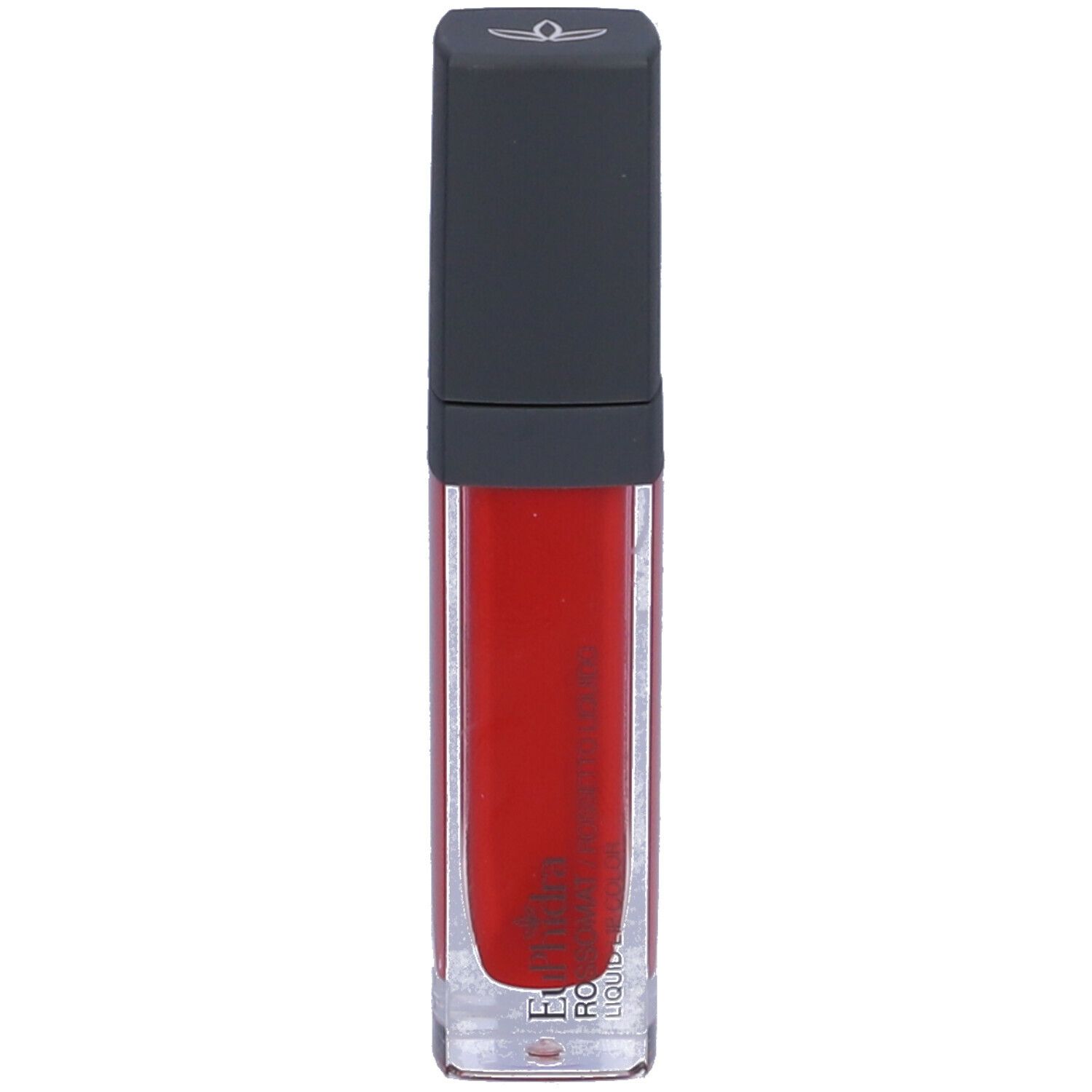 Rossetto rosso in un flacone rettangolare trasparente con tappo grigio. Il tappo presenta un logo.