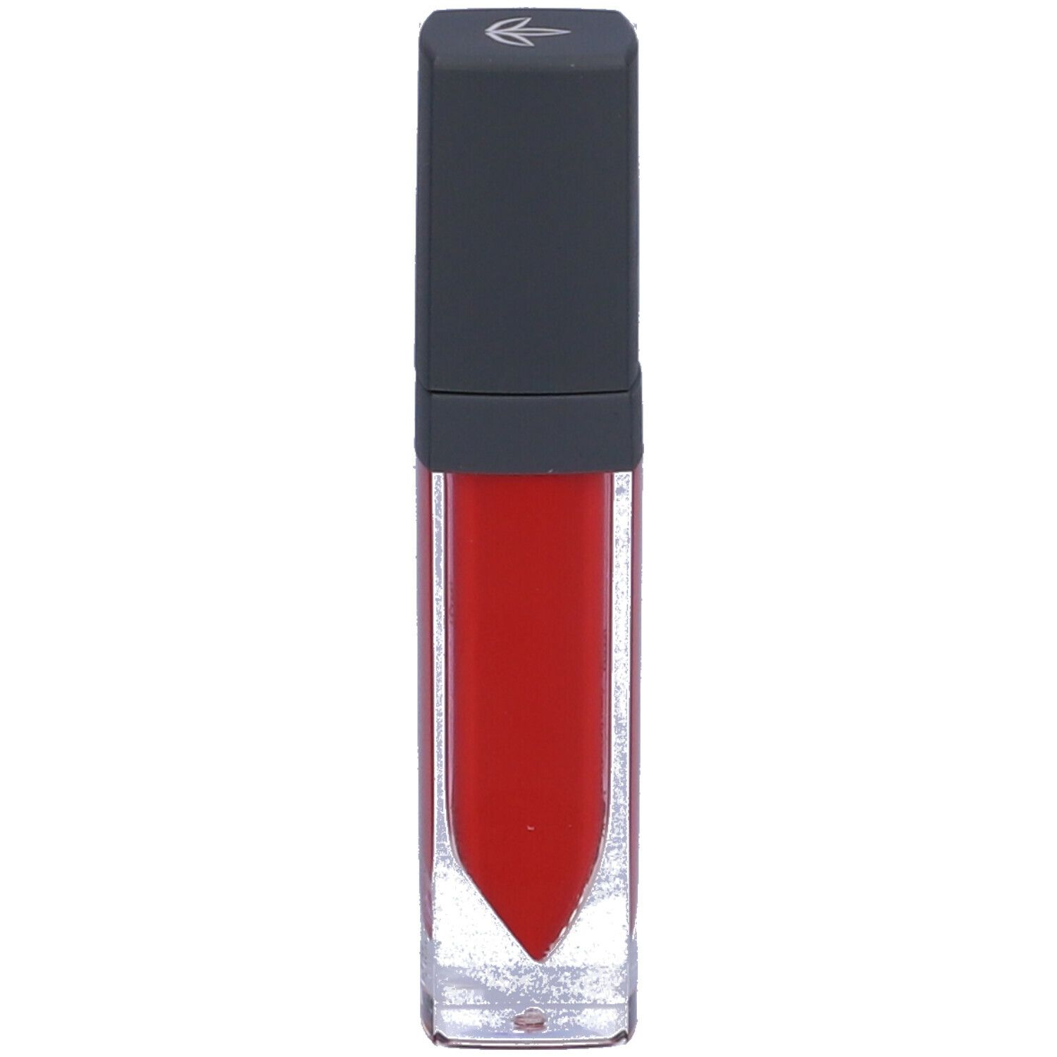 Rossetto rosso in un flacone rettangolare trasparente con tappo grigio. Il rossetto ha una forma appuntita.