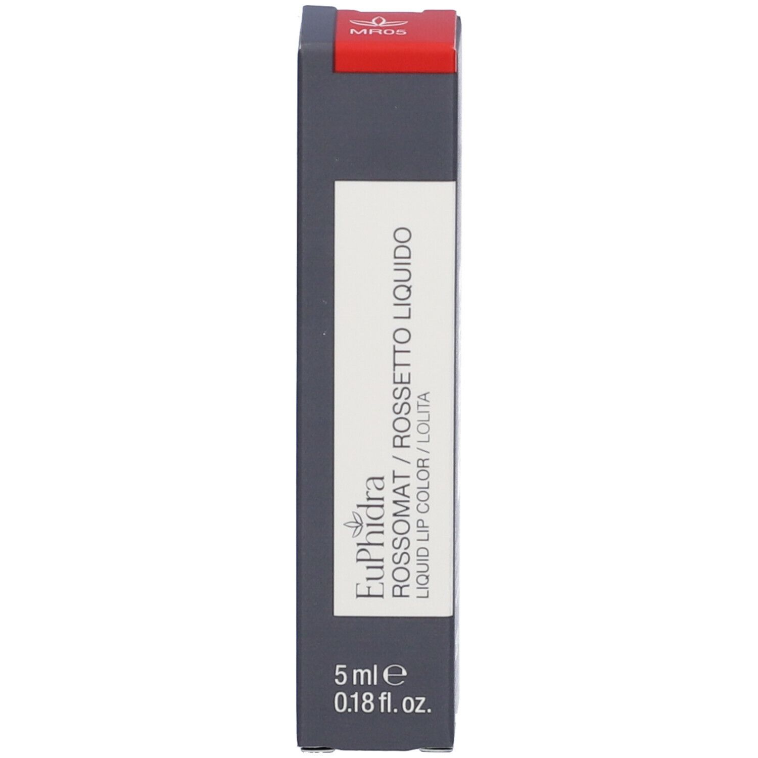 Confezione di rossetto rosso. Grigio con testo bianco e parte superiore rossa. Contiene informazioni sul prodotto e il nome del marchio.