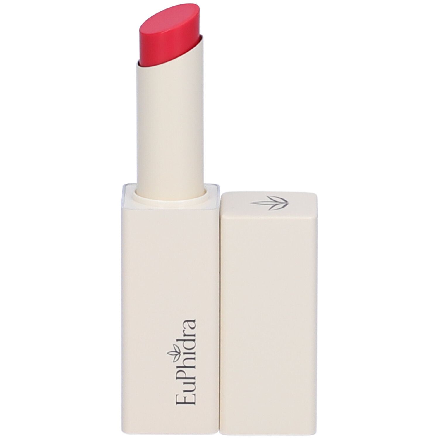 Ein cremefarbener Lippenstift mit einem schrägen, roten Stift. Der Lippenstift ist aus der Hülle gedreht.