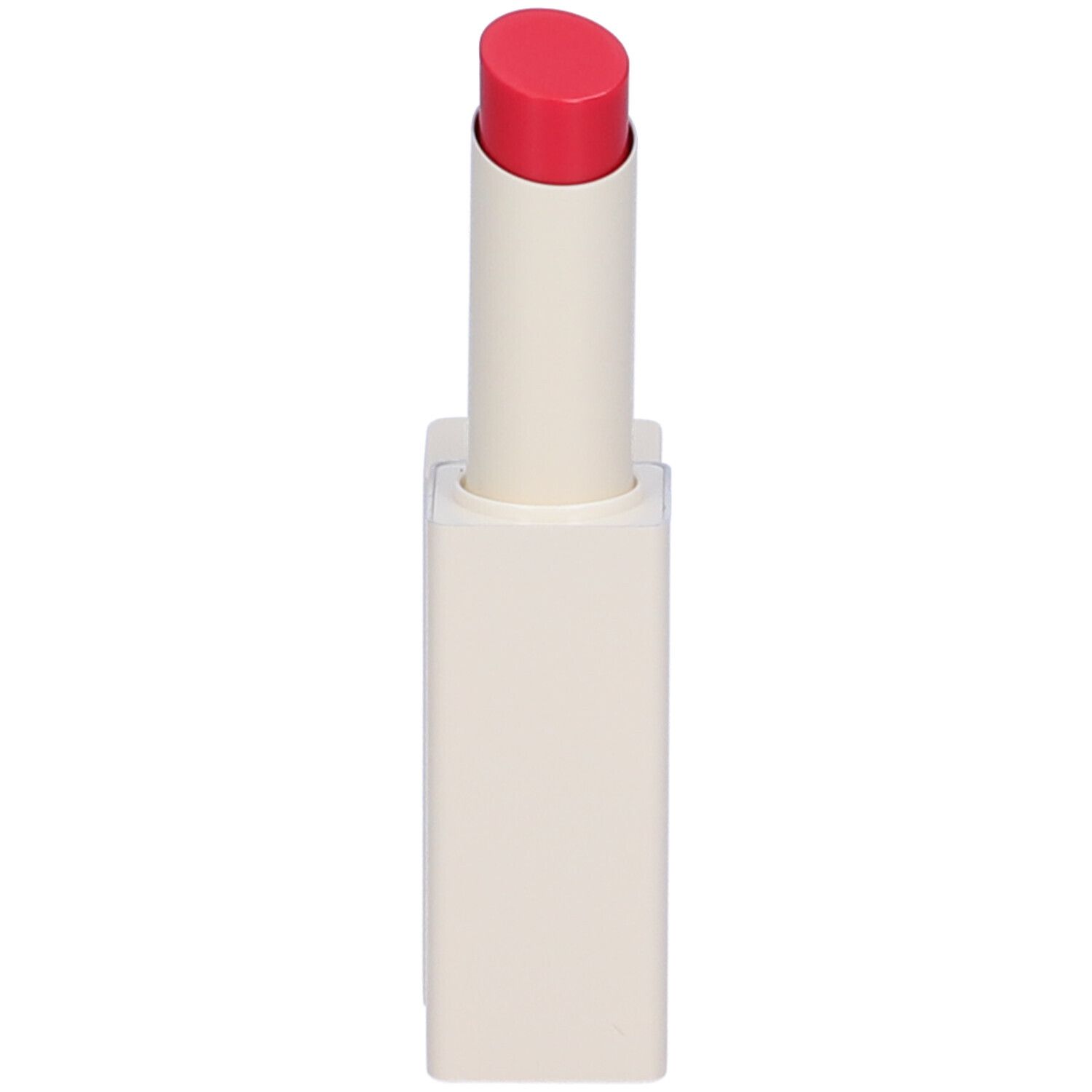 Ein roter Lippenstift in einem cremefarbenen, rechteckigen Gehäuse mit einem transparenten Deckel.