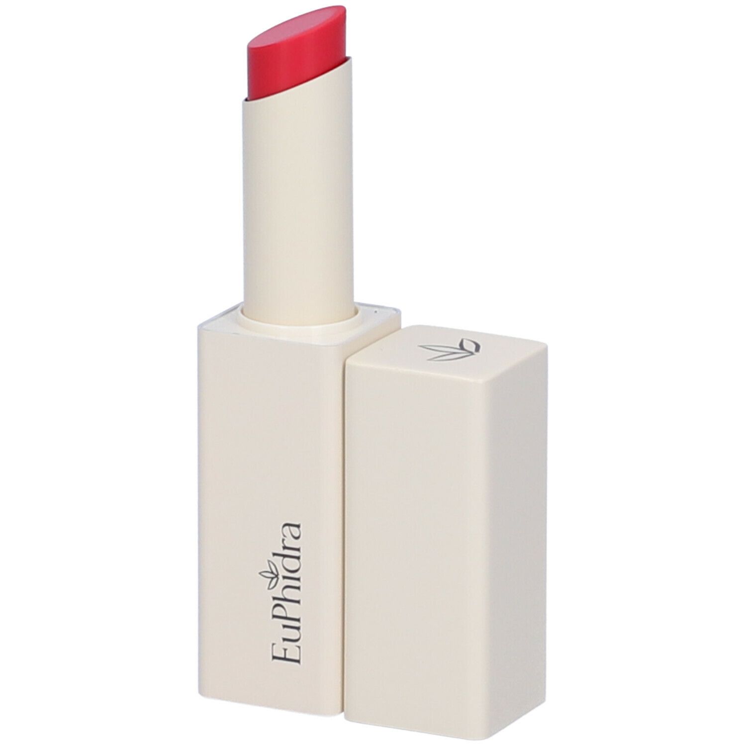 Ein cremiger, pinker Lippenstift in einem eckigen, elfenbeinfarbenen Gehäuse mit dem Markennamen EuPhidra und einem Blattlogo.