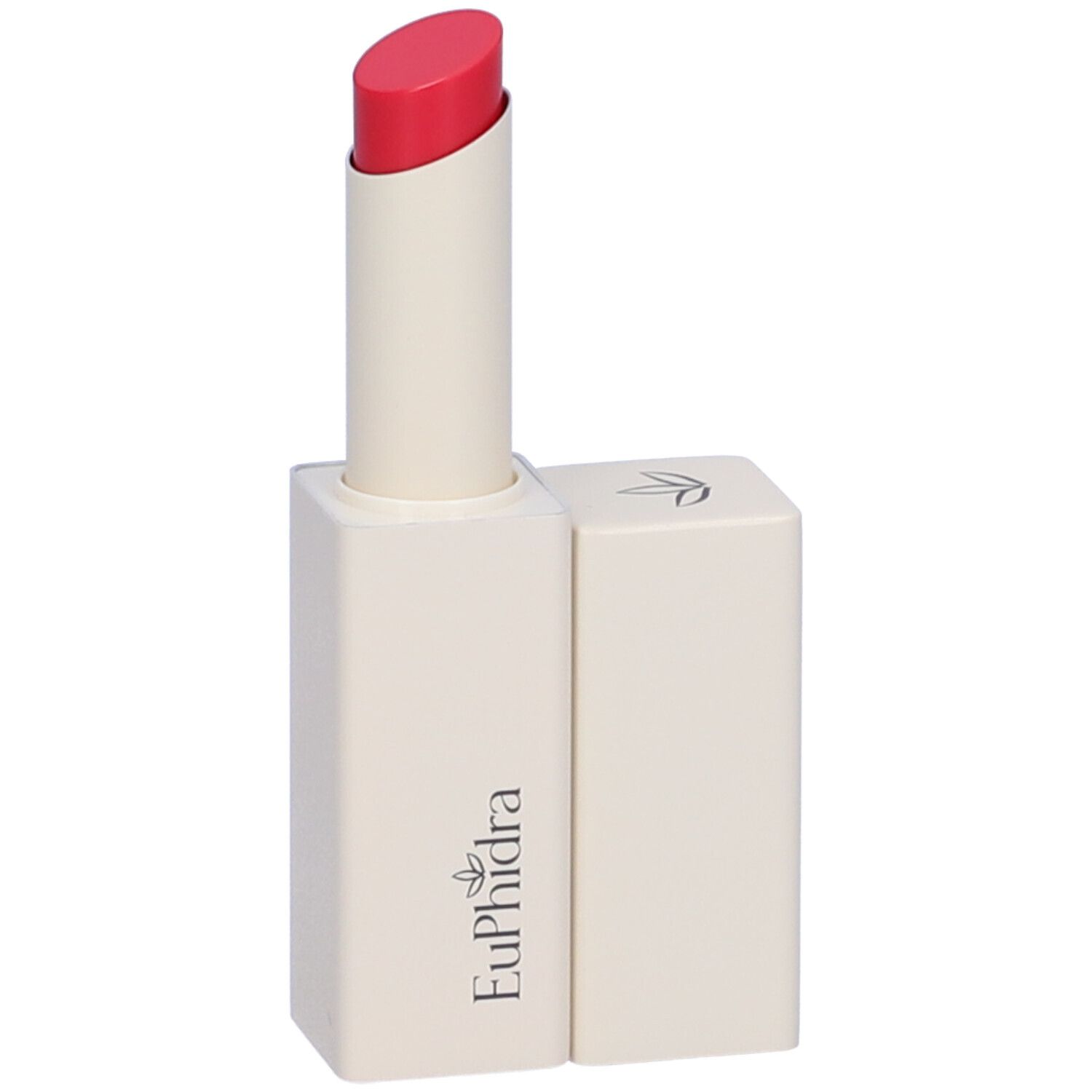 Ein aufgedrehter, cremiger Lippenstift in einem matten, cremefarbenen Gehäuse mit dem Logo 'EuPhidra'.