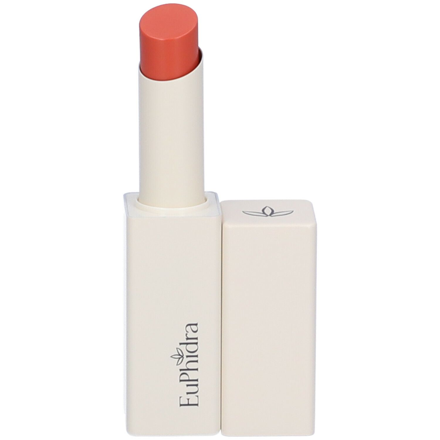 Balsamo labbra con cappuccio aperto. Contenitore bianco con rossetto arancione. Marchio Euphidra.