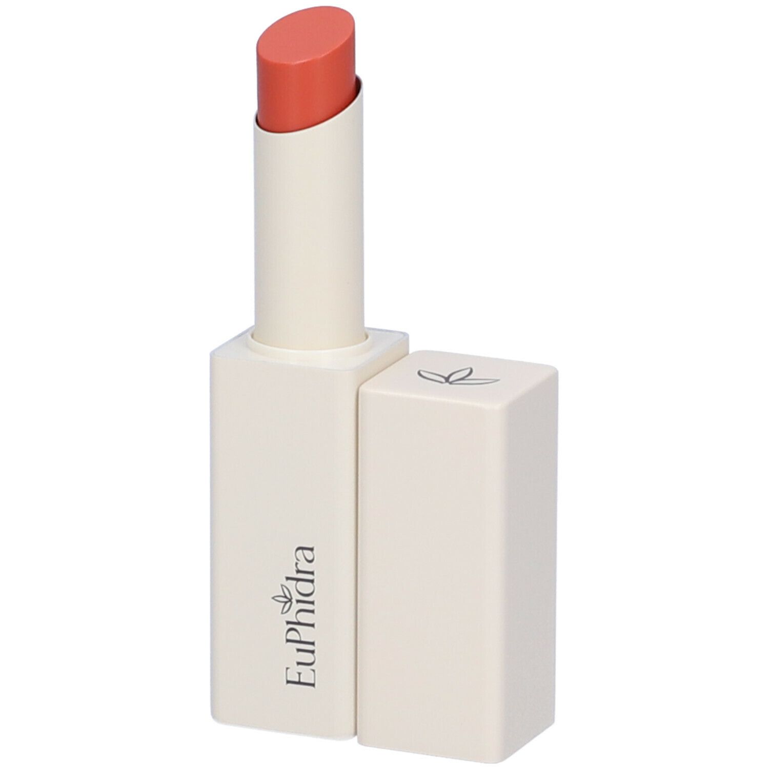 Balsamo labbra con cappuccio aperto. Contenitore bianco con rossetto arancione. Marchio Euphidra.