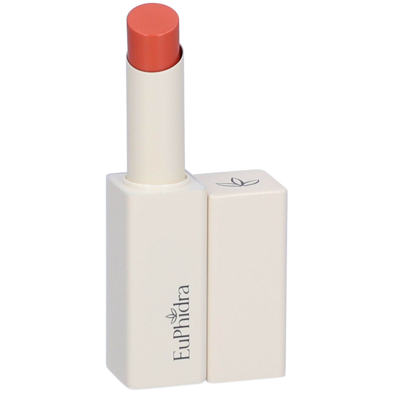 Balsamo labbra con cappuccio aperto. Contenitore bianco con rossetto arancione. Marchio Euphidra.