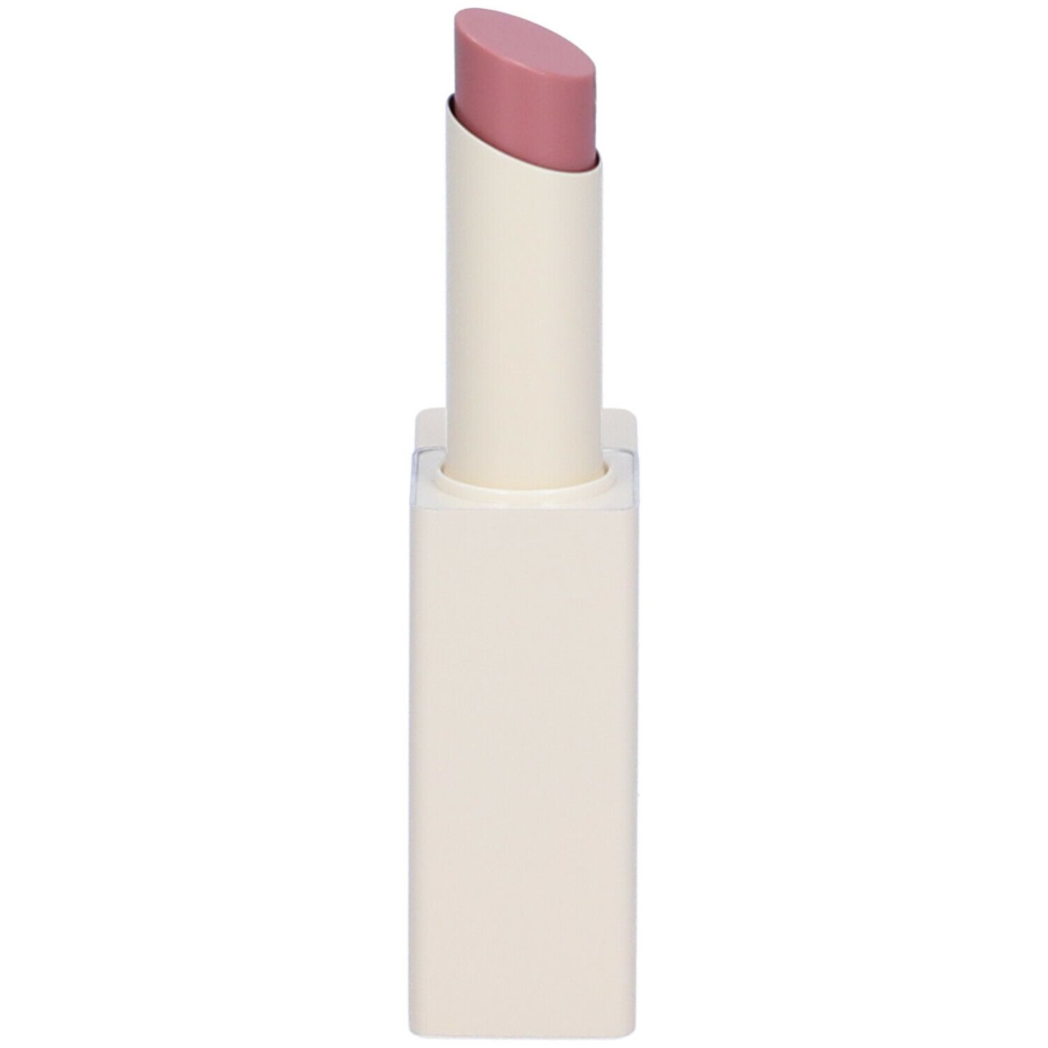 Contenitore di balsamo labbra bianco sporco con punta di rossetto rosa. Forma squadrata. Astuccio con logo Euphidra.