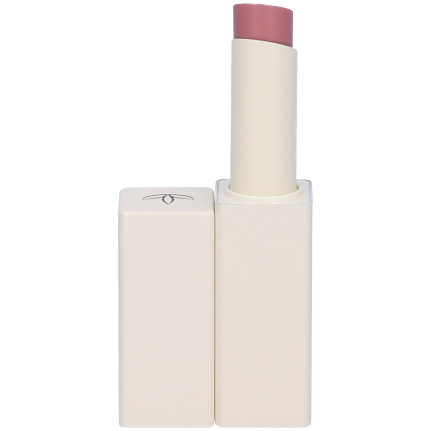 Balsamo labbra in astuccio bianco sporco. Punta rossetto rosa. Astuccio con logo Euphidra e coperchio.