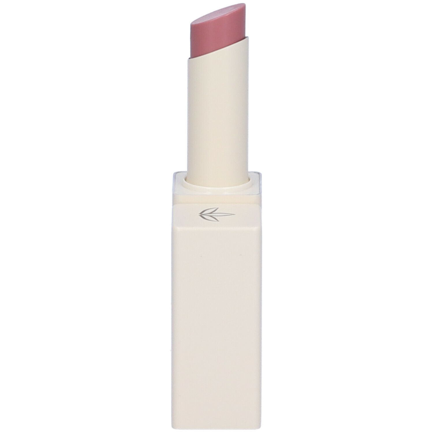 Contenitore di balsamo labbra bianco sporco con punta di rossetto rosa. Forma squadrata. Astuccio con logo Euphidra.