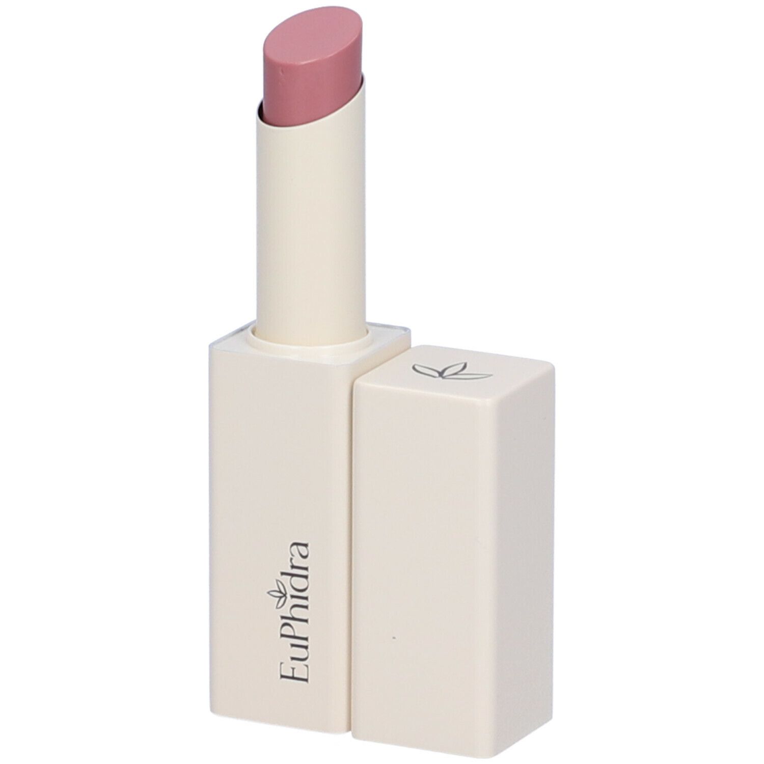 Balsamo labbra in astuccio bianco sporco. Punta rossetto rosa. Astuccio con logo Euphidra e coperchio.