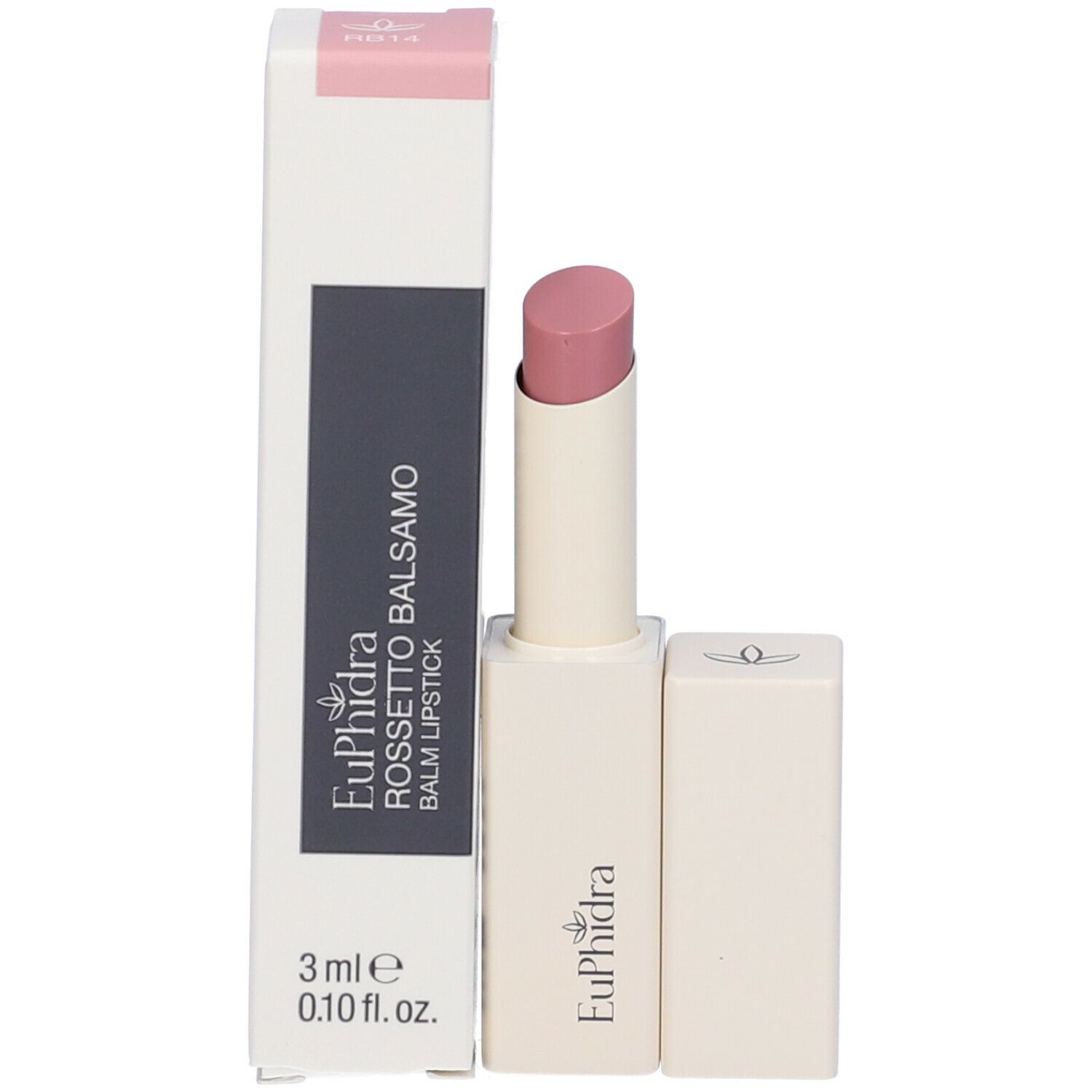 Balsamo labbra con confezione. Rossetto bianco sporco e punta rosa. Confezione con nome del prodotto.