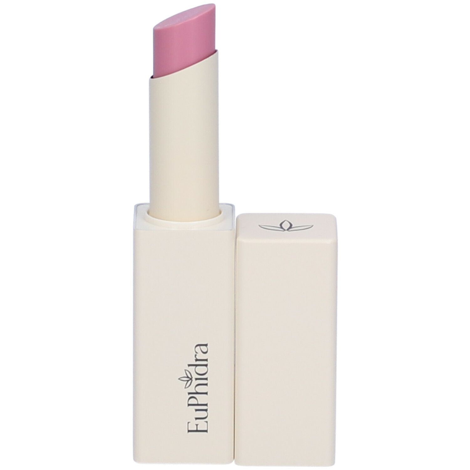 Balsamo labbra rosa chiaro in astuccio bianco. Logo Euphidra sull'astuccio. Tappo separato.
