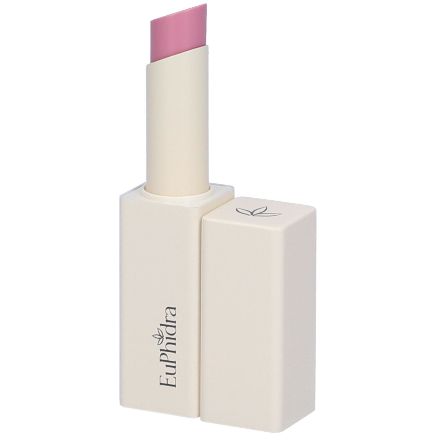 Balsamo labbra rosa chiaro in astuccio bianco. Logo Euphidra sull'astuccio. Tappo separato.
