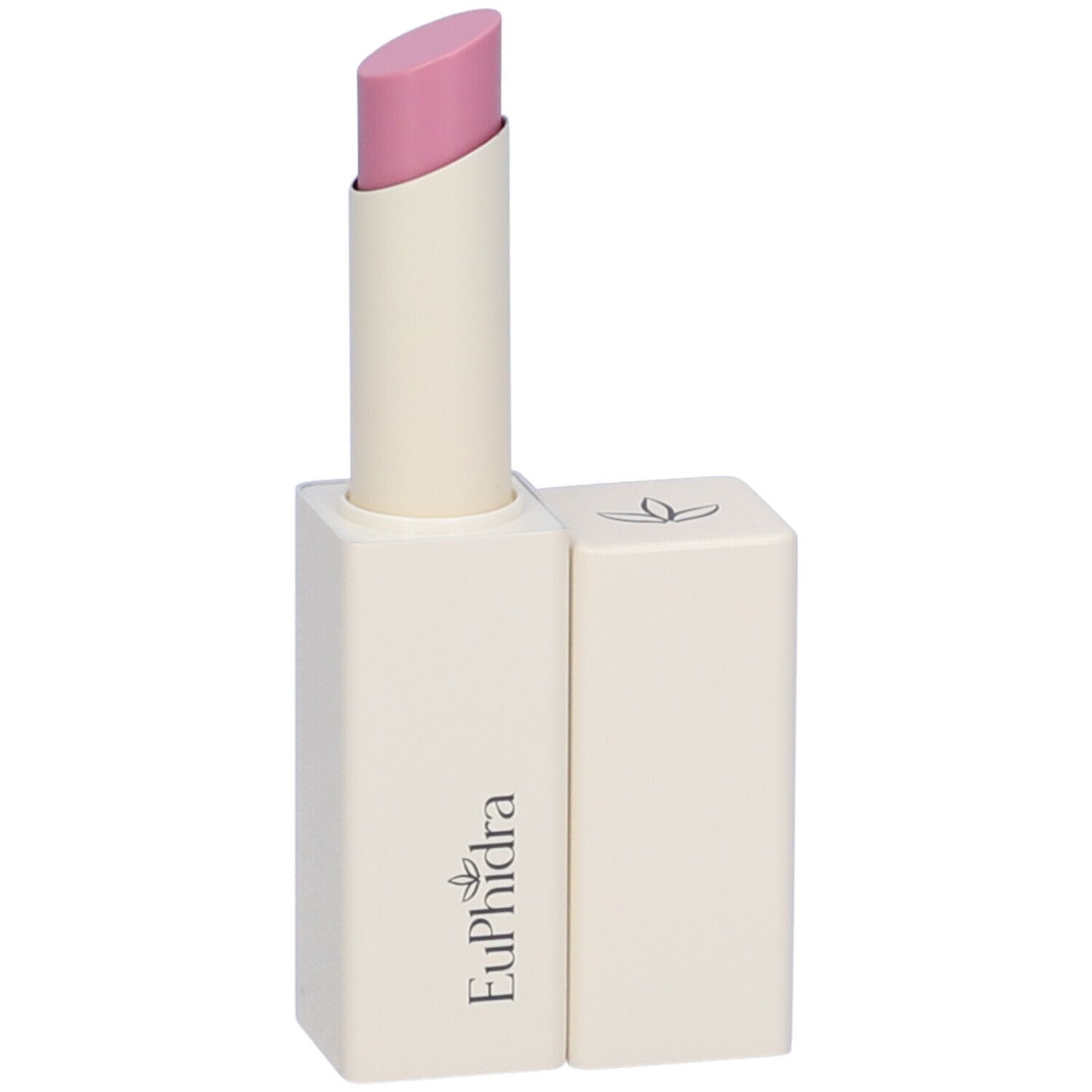 Balsamo labbra rosa chiaro in astuccio bianco. Logo Euphidra sull'astuccio. Tappo separato.