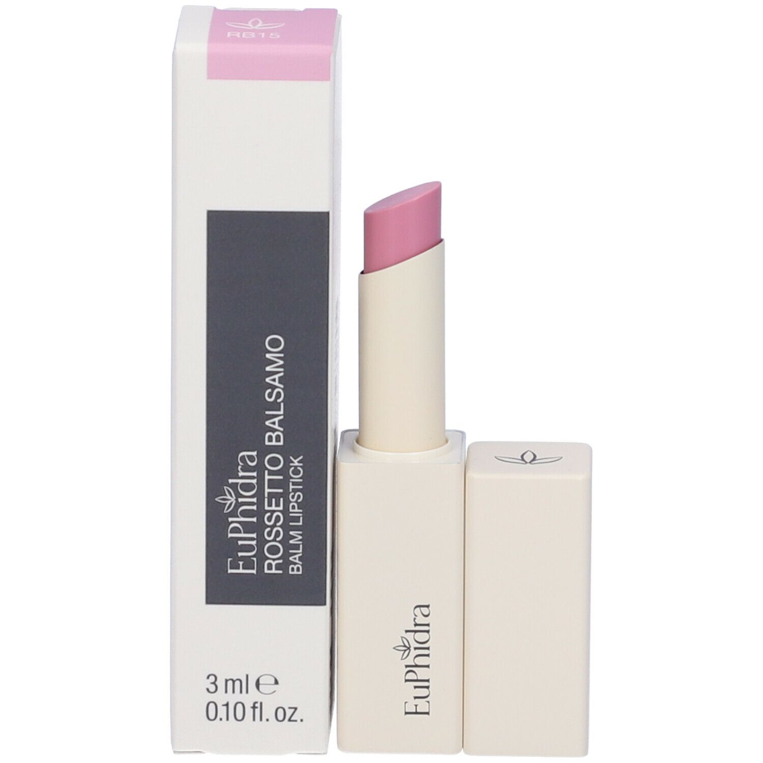 Balsamo labbra rosa chiaro e astuccio bianco. Confezione con nome del prodotto e logo.