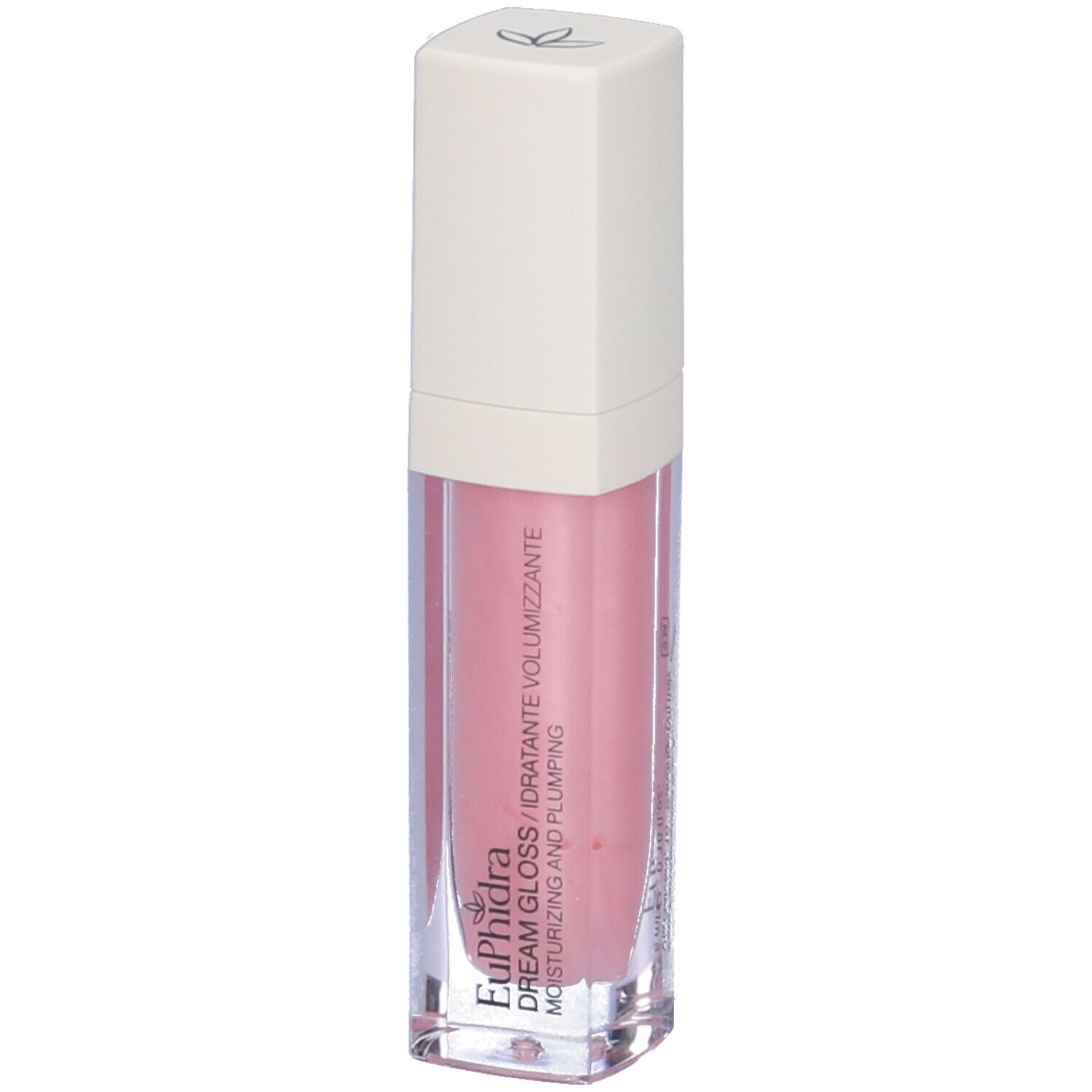 Lucidalabbra rosa in flacone rettangolare trasparente con tappo bianco. Scritta: Dream Gloss, idratante.