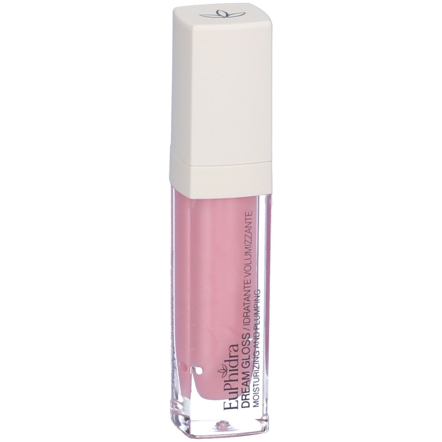 Lucidalabbra rosa in flacone rettangolare trasparente con tappo bianco. Scritta: Dream Gloss, idratante.